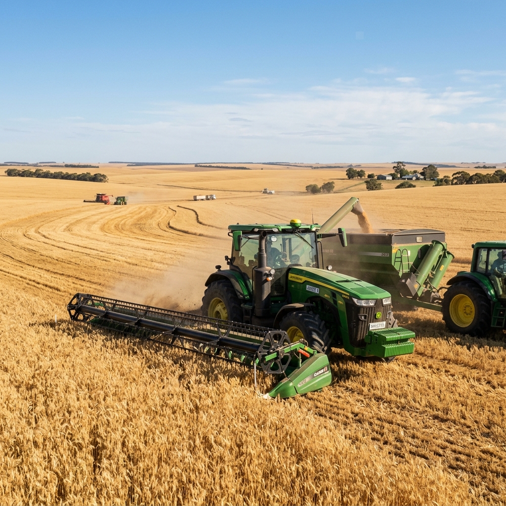 A modern green tractor working in a sunlit Australian wheat field during harvest