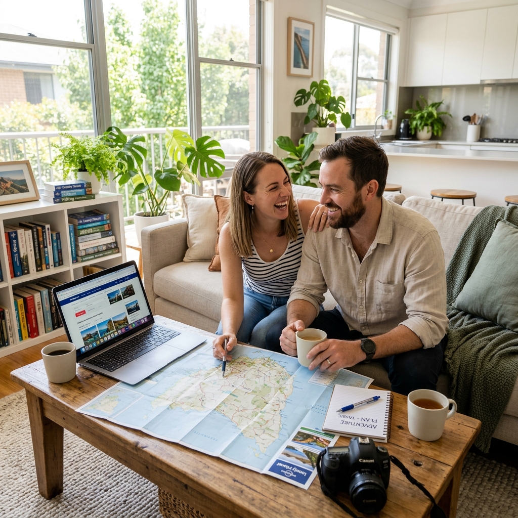 A couple planning a trip with an Australian map