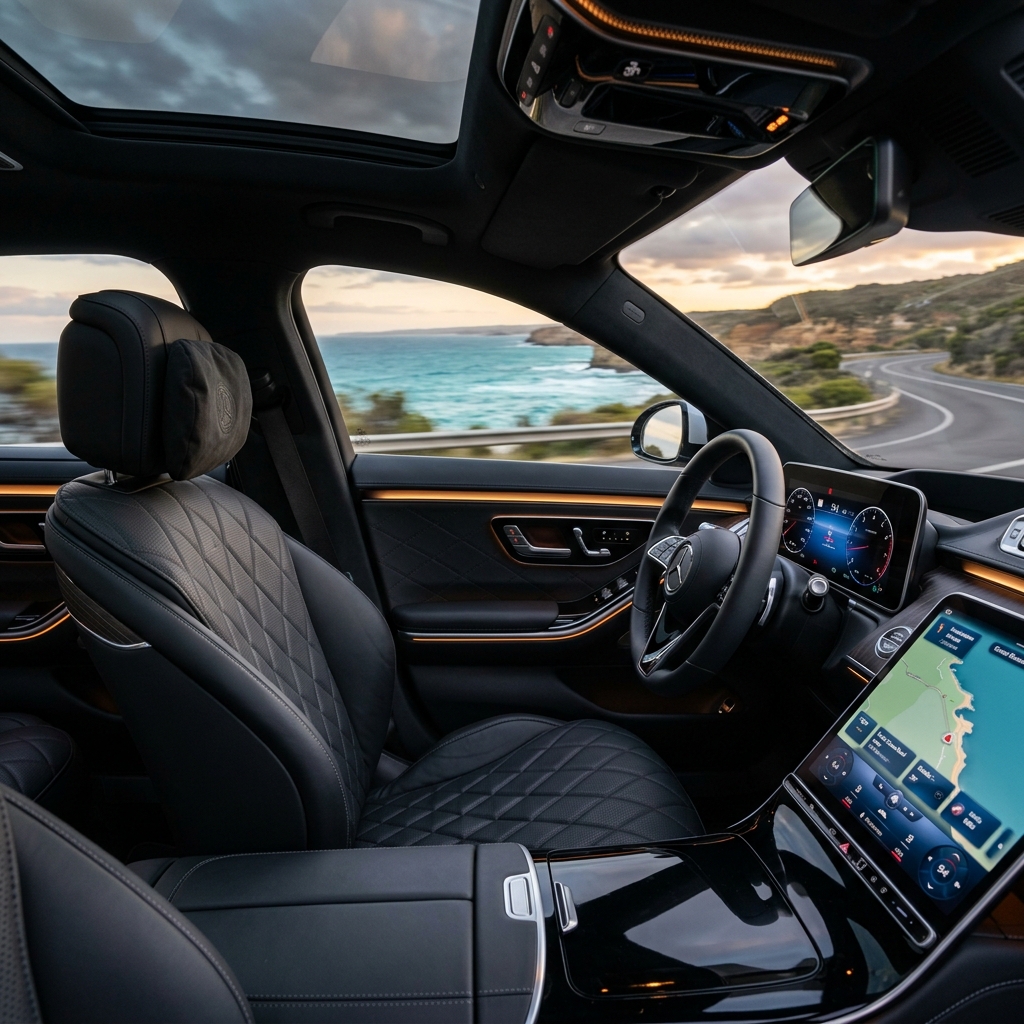 The premium interior of a modern luxury car with leather seats and a digital dashboard