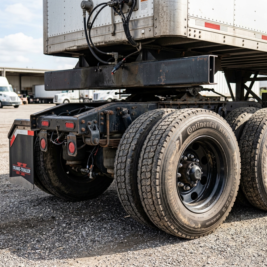 A high-quality close-up involving a modern commercial truck trailer and its robust chassis